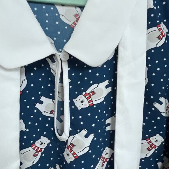 Modcloth Positive First Impressions Tie Neck Blouse 2X Blue Polar Bear Retro - Picture 8 of 10